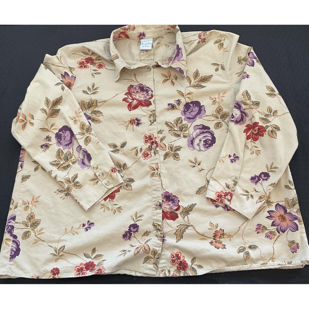 Cascade Blues Shirt Womens 2X Floral Button Up Long Sleeve Vintage Style Top‎